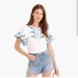 J. Crew Flutter Sleeve Blouse with Blue Embroidery